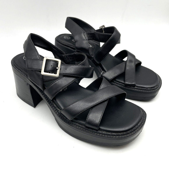 Vintage 90s Y2K Lower East Side Black Faux Leather Strappy Block Heel Sandal 5.5 - Picture 2 of 16